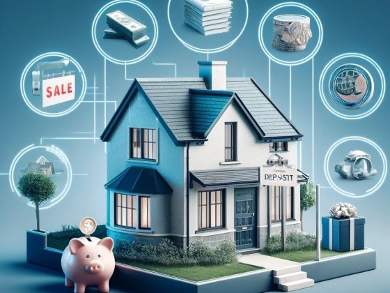 Different deposit options in the UK real estate market represented by various financial symbols and a modern house with a blue overlay.