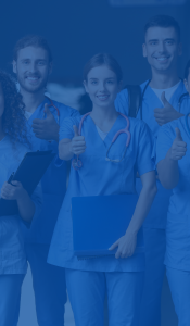 A group of nurses and healthcare workers standing together, smiling and looking supportive. The image has a blue overlay.