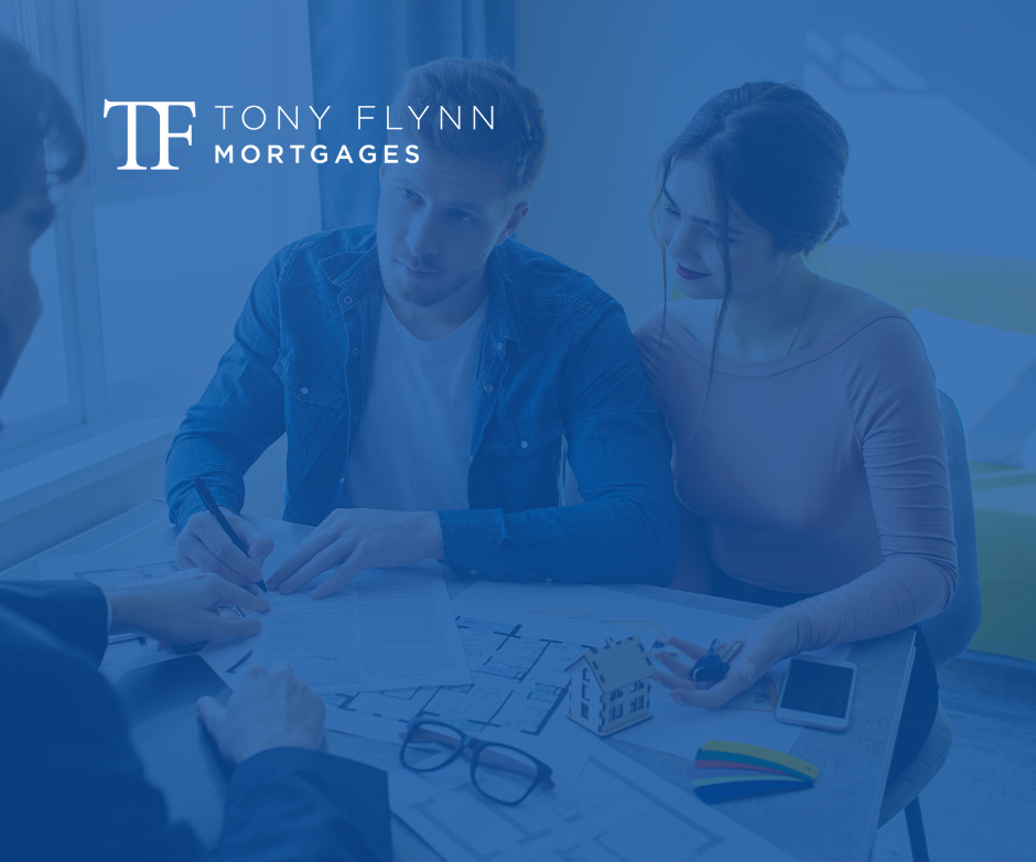 A couple with a blue overlay signing mortgage documents, symbolizing the process of securing a mortgage.