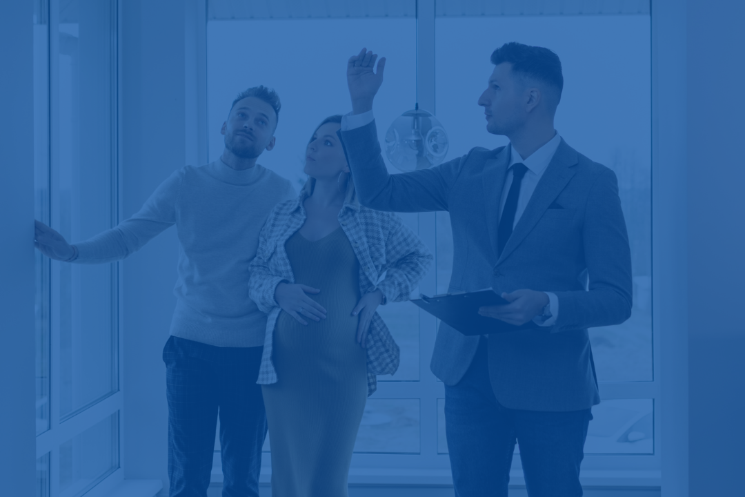 Real estate agent showing a house to potential buyers with a blue overlay.