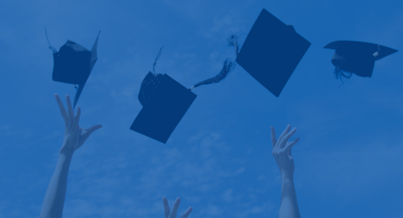Recently Qualified Graduates celebrating by throwing their graduation caps into the sky with a blue overlay.